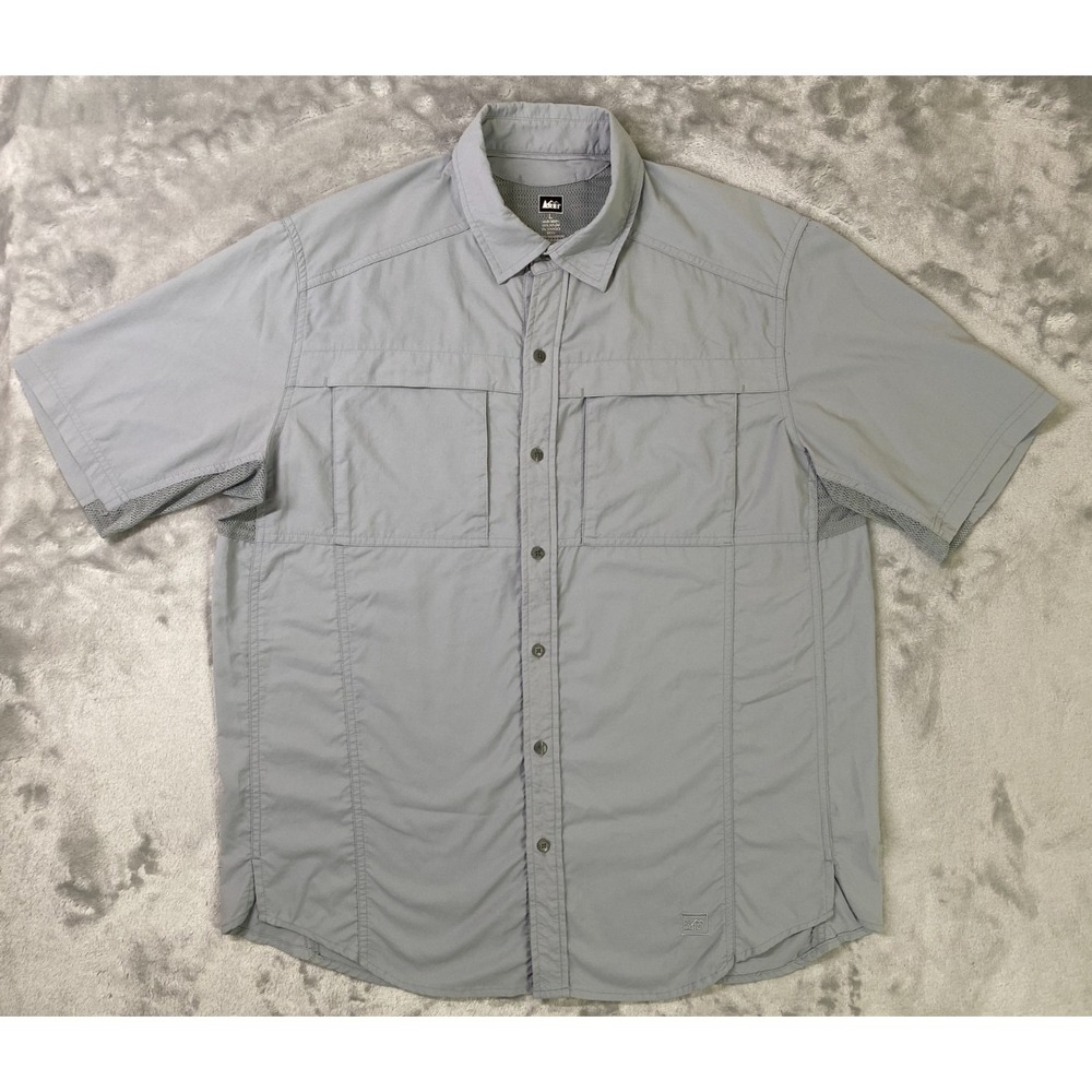 REI Co-op Button Up Shirt Mens Large Gray Vented Mesh Hiking Short Sleeve